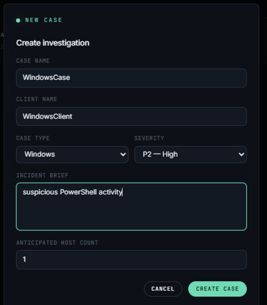 Create new investigation case in M-Engine