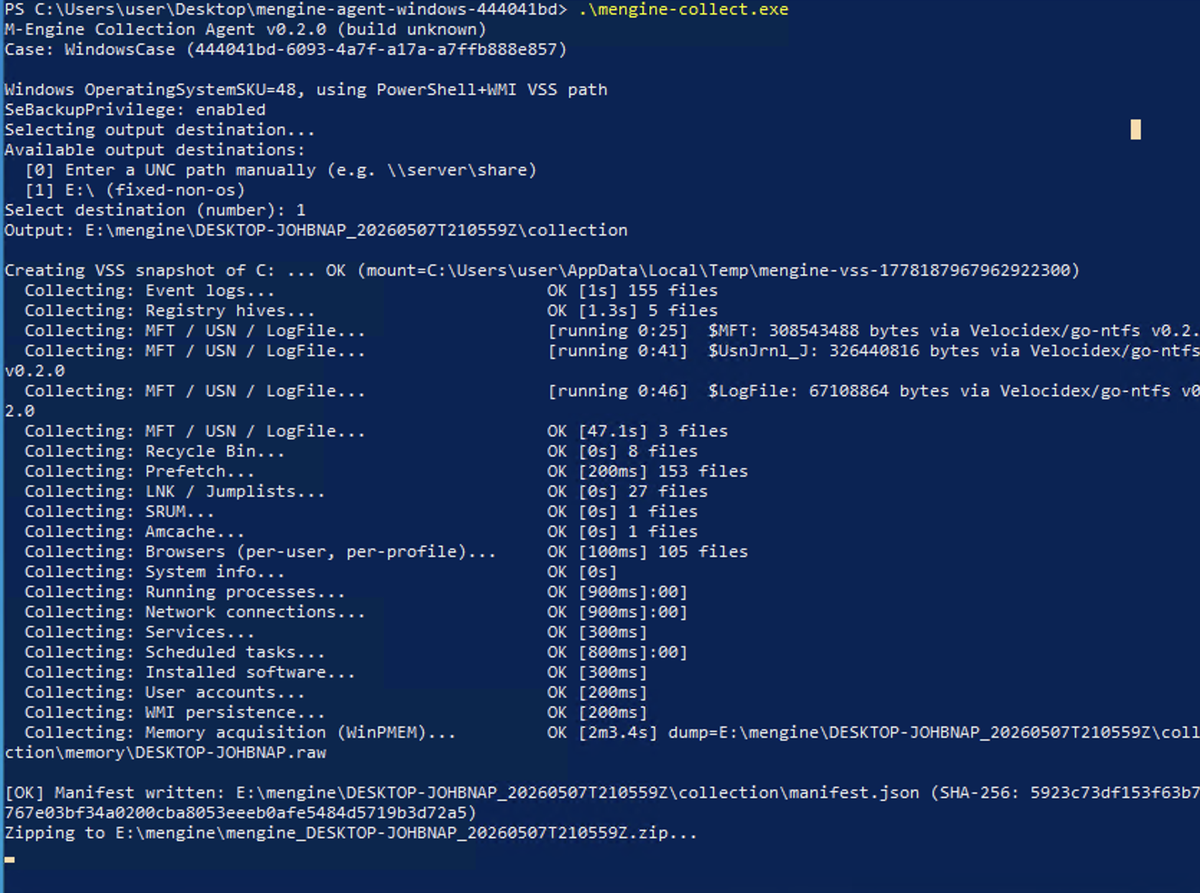 M-Engine Windows collection agent CLI output