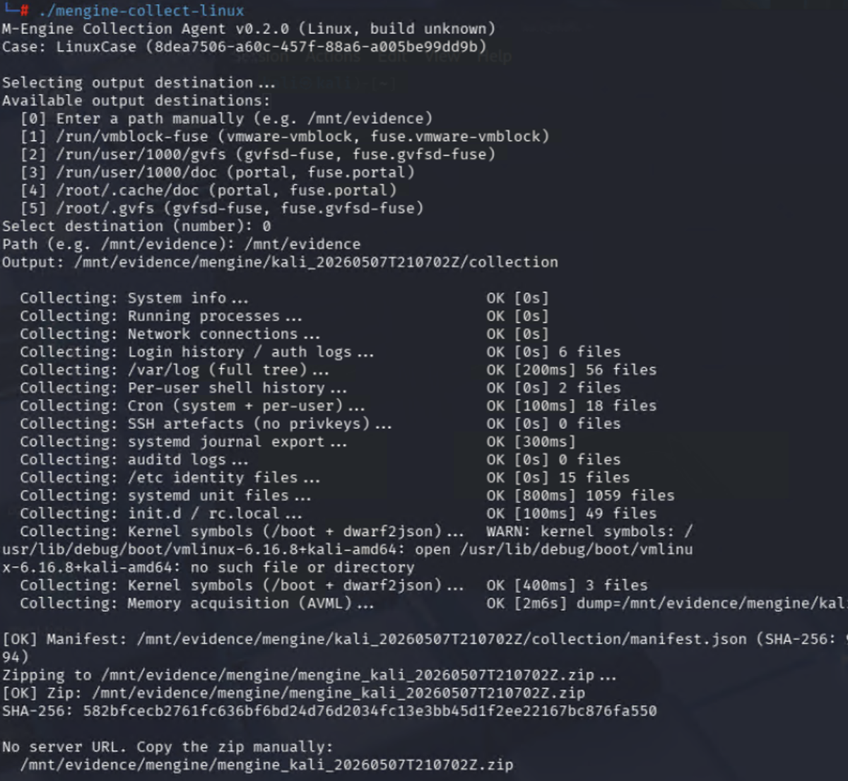 M-Engine Linux collection agent CLI output