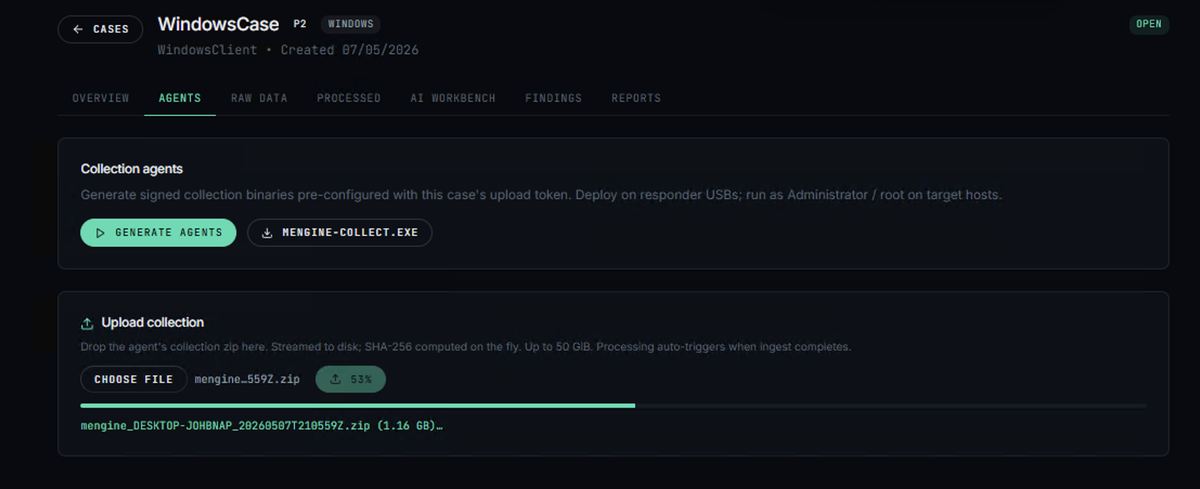 M-Engine case detail with agent generation and collection upload