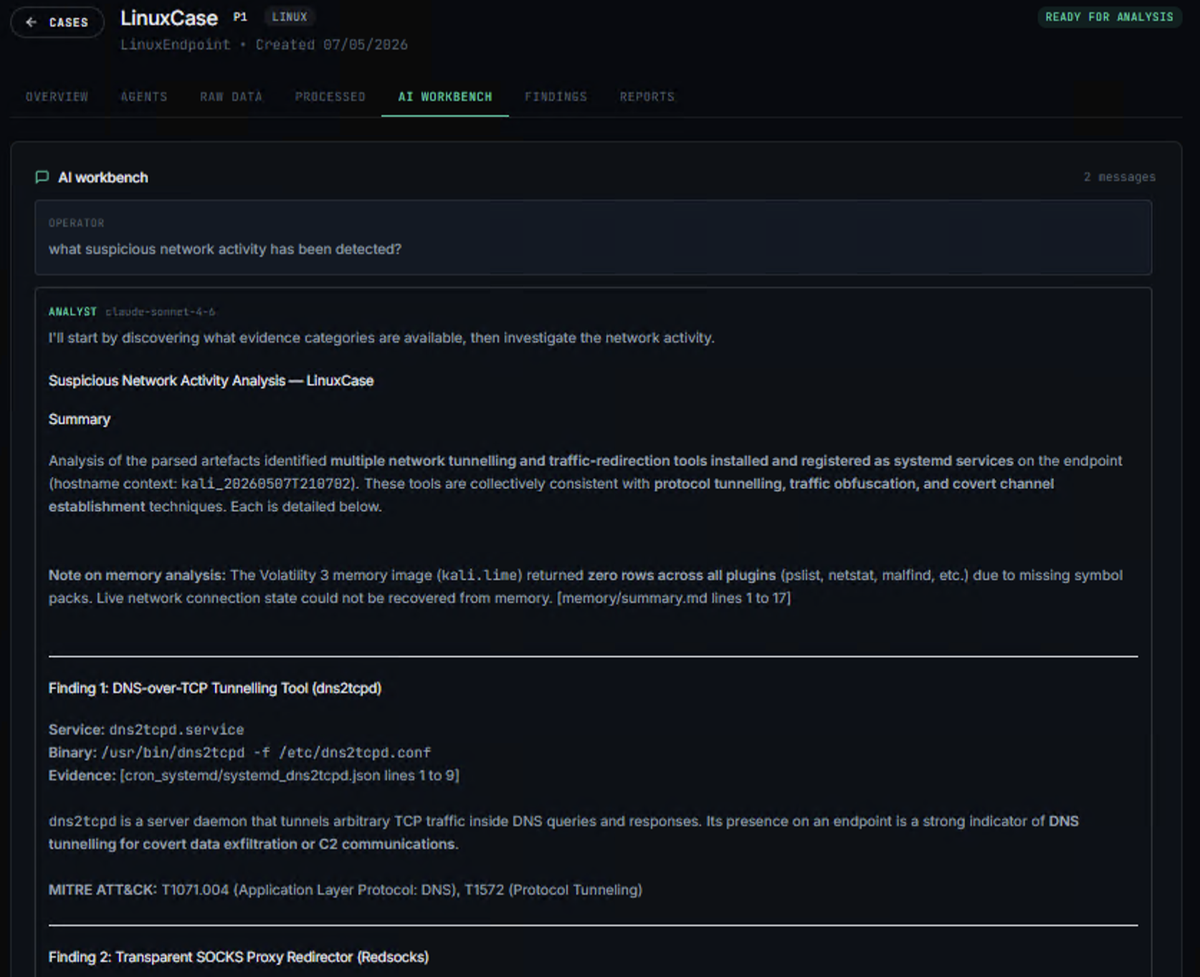 M-Engine AI workbench investigating suspicious network activity
