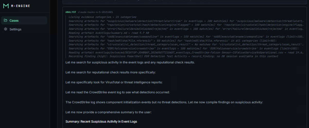 M-Engine root cause analysis summary in AI workbench
