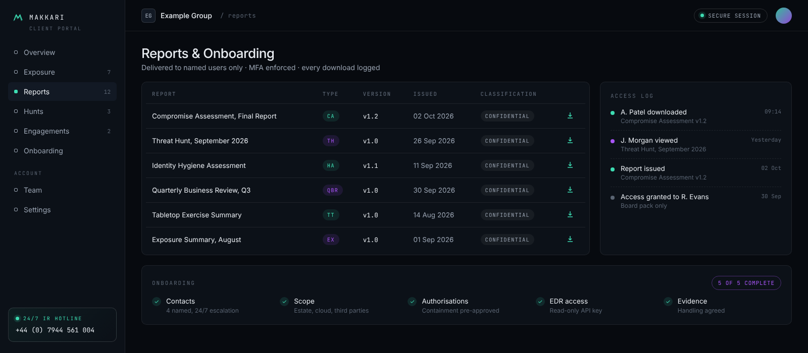 Reports view with versioned engagement reports, access log and onboarding checklist
